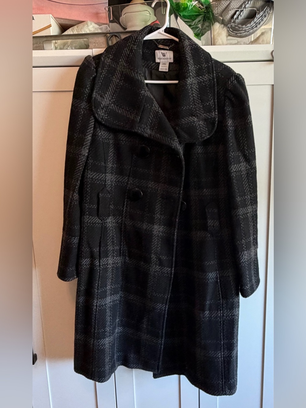 Worthington Black Plaid Wool Blend Double-Breasted Coat